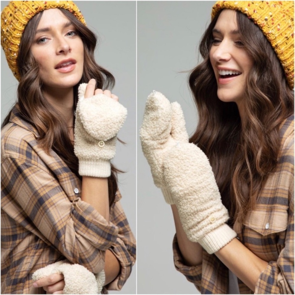 New Ivory Popup Button Open Soft Teddy Mitten Warm Winter Open Finger Mitten
